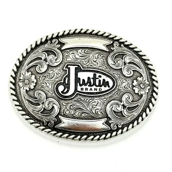 Justin Brand Western Belt Buckle 4'' x 3" Silver Color Floral Rodeo - Picture 1 of 6